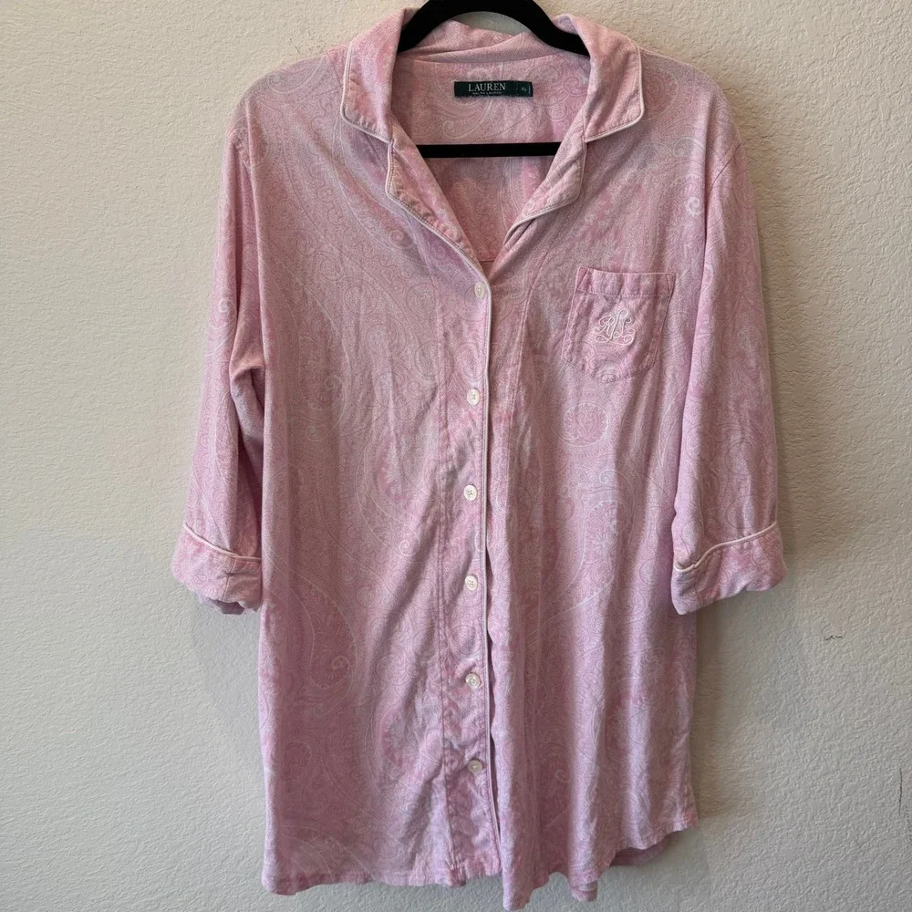 Lauren Ralph Lauren Pink Paisley Cotton Sleep Shirt Nightgown XL Monogram